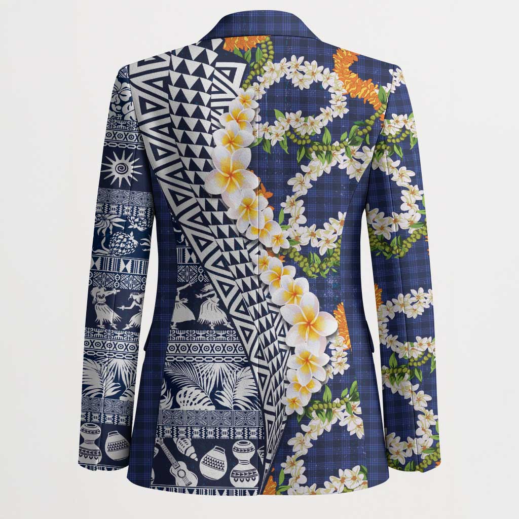 Hawaiian Plumeria Lei Blazer Kakau Motifs and Palaka Half Style Blue Color LT03 - Polynesian Pride