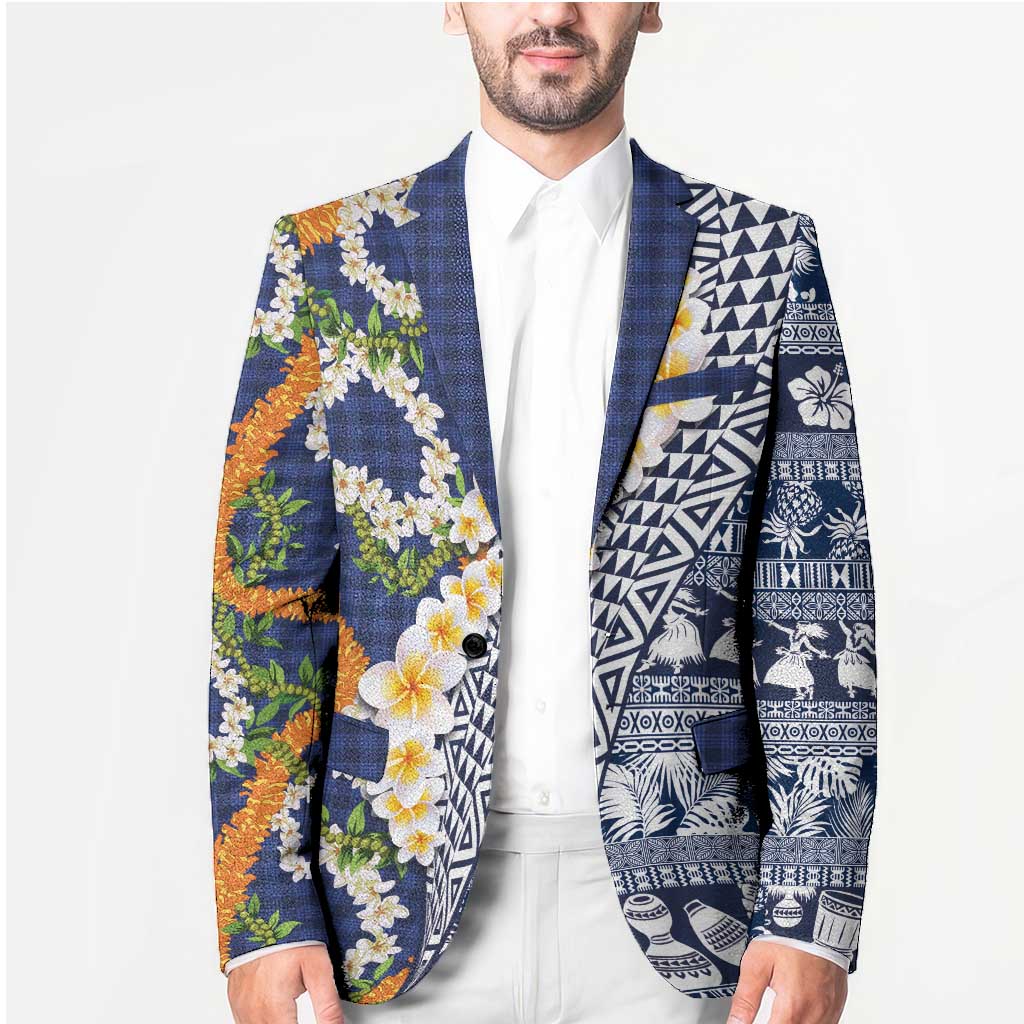 Hawaiian Plumeria Lei Blazer Kakau Motifs and Palaka Half Style Blue Color LT03 - Polynesian Pride