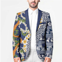Hawaiian Plumeria Lei Blazer Kakau Motifs and Palaka Half Style Blue Color LT03 - Polynesian Pride