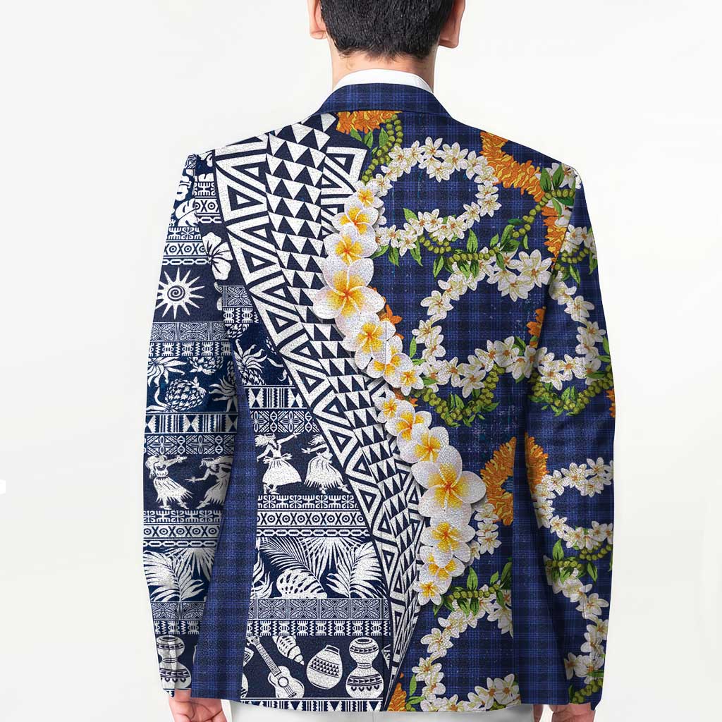 Hawaiian Plumeria Lei Blazer Kakau Motifs and Palaka Half Style Blue Color LT03 - Polynesian Pride