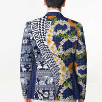 Hawaiian Plumeria Lei Blazer Kakau Motifs and Palaka Half Style Blue Color LT03 - Polynesian Pride