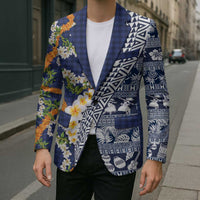 Hawaiian Plumeria Lei Blazer Kakau Motifs and Palaka Half Style Blue Color LT03 - Polynesian Pride