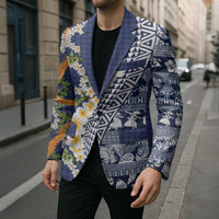 Hawaiian Plumeria Lei Blazer Kakau Motifs and Palaka Half Style Blue Color LT03 - Polynesian Pride