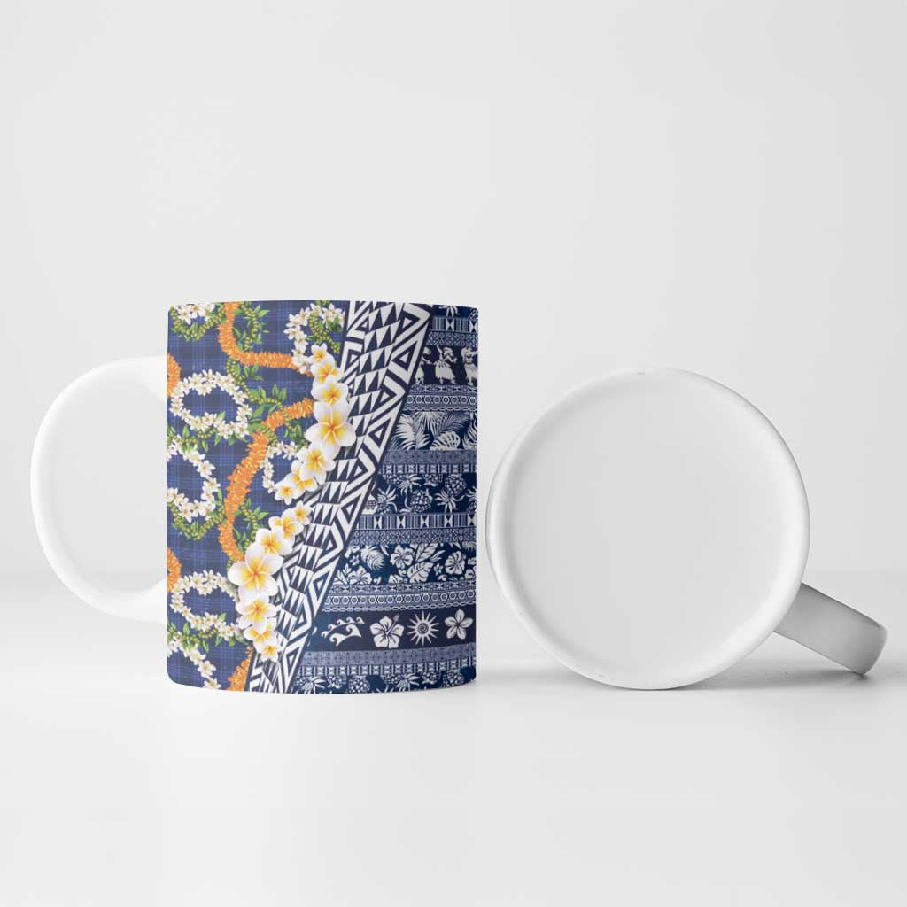 Hawaiian Plumeria Lei Ceramic Mug Kakau Motifs and Palaka Half Style Blue Color LT03 - Polynesian Pride