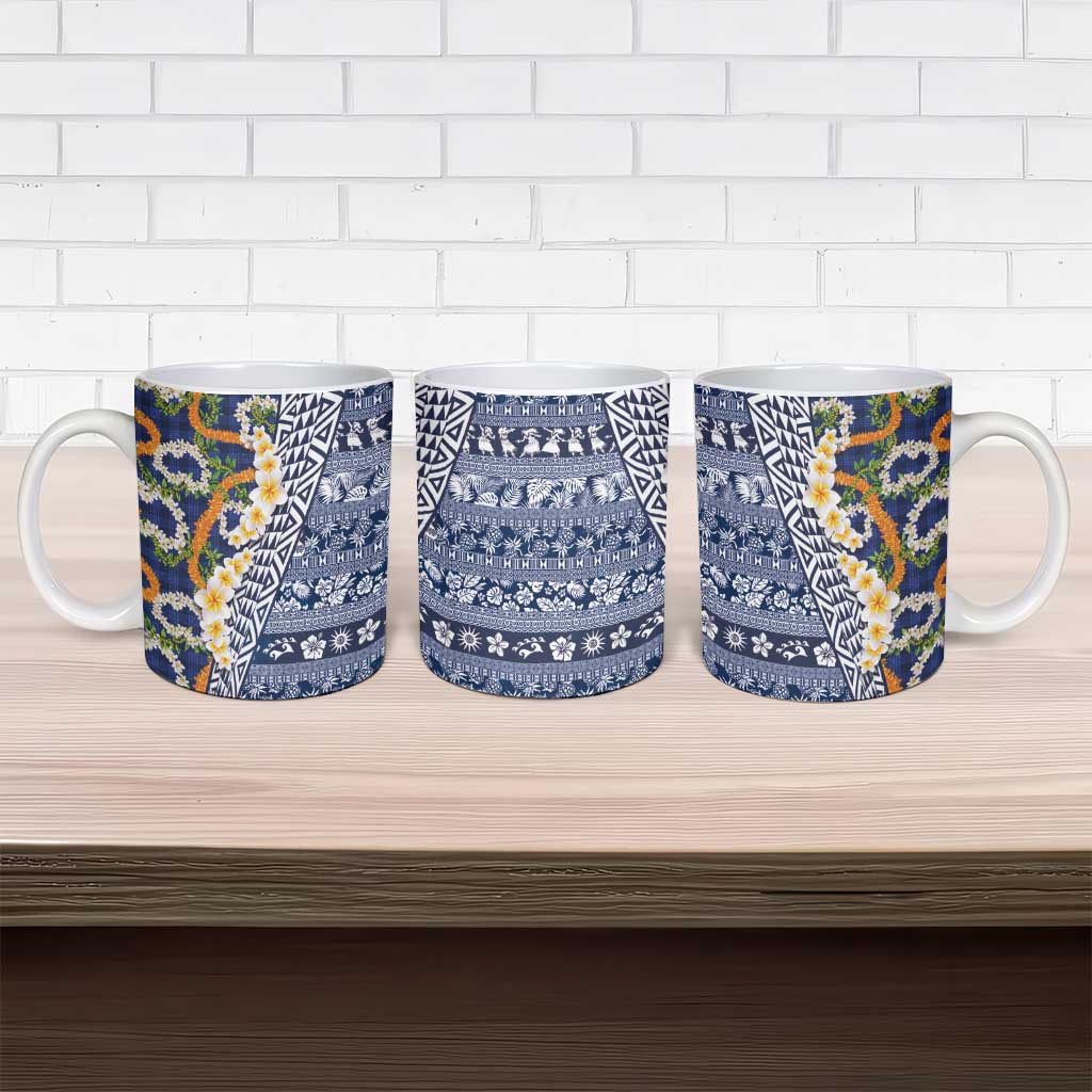 Hawaiian Plumeria Lei Ceramic Mug Kakau Motifs and Palaka Half Style Blue Color LT03 - Polynesian Pride