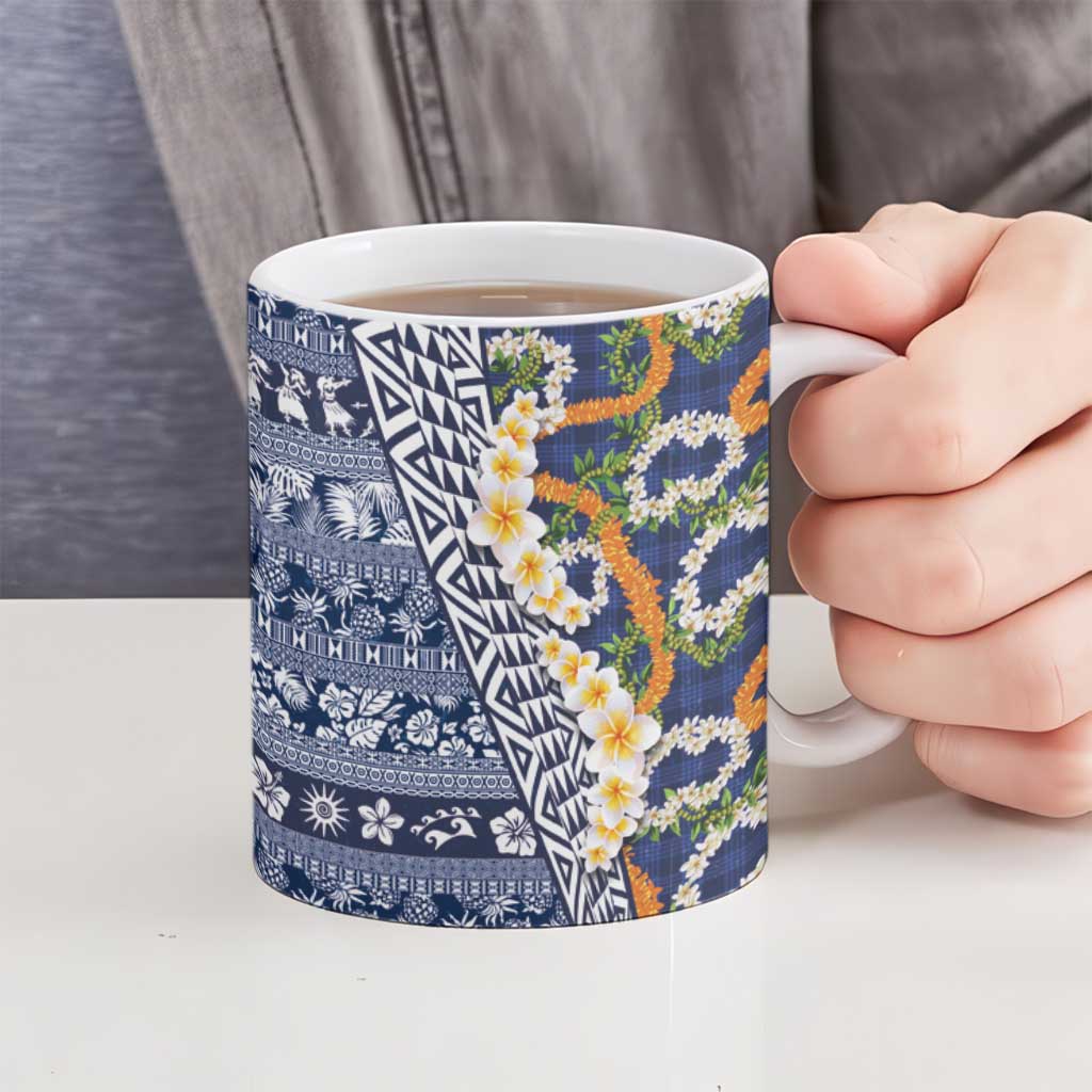 Hawaiian Plumeria Lei Ceramic Mug Kakau Motifs and Palaka Half Style Blue Color LT03 - Polynesian Pride