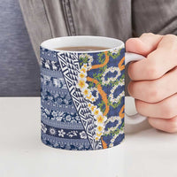 Hawaiian Plumeria Lei Ceramic Mug Kakau Motifs and Palaka Half Style Blue Color LT03 - Polynesian Pride