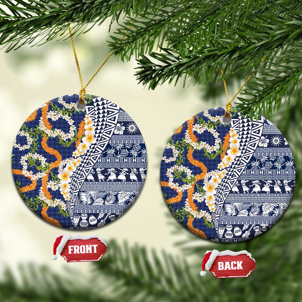 Hawaiian Plumeria Lei Ceramic Ornament Kakau Motifs and Palaka Half Style Blue Color - Polynesian Pride