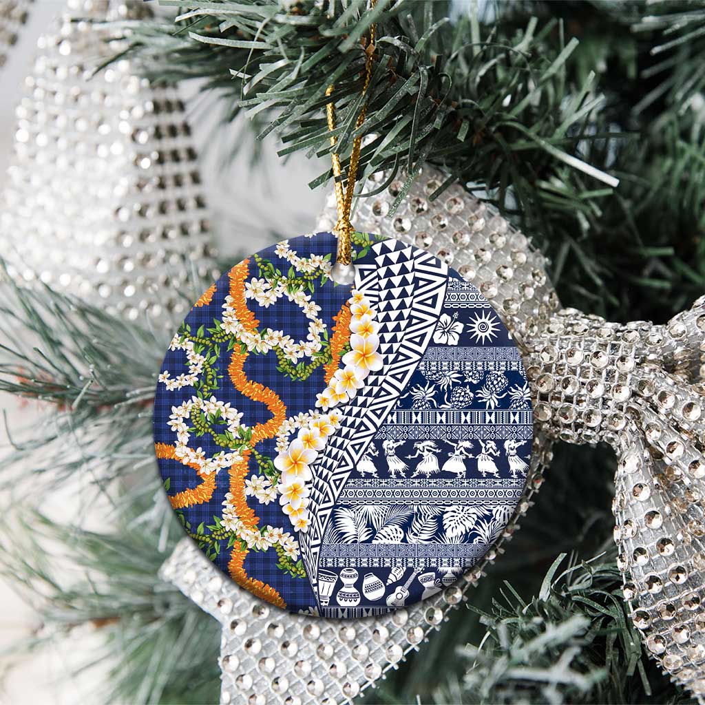 Hawaiian Plumeria Lei Ceramic Ornament Kakau Motifs and Palaka Half Style Blue Color - Polynesian Pride