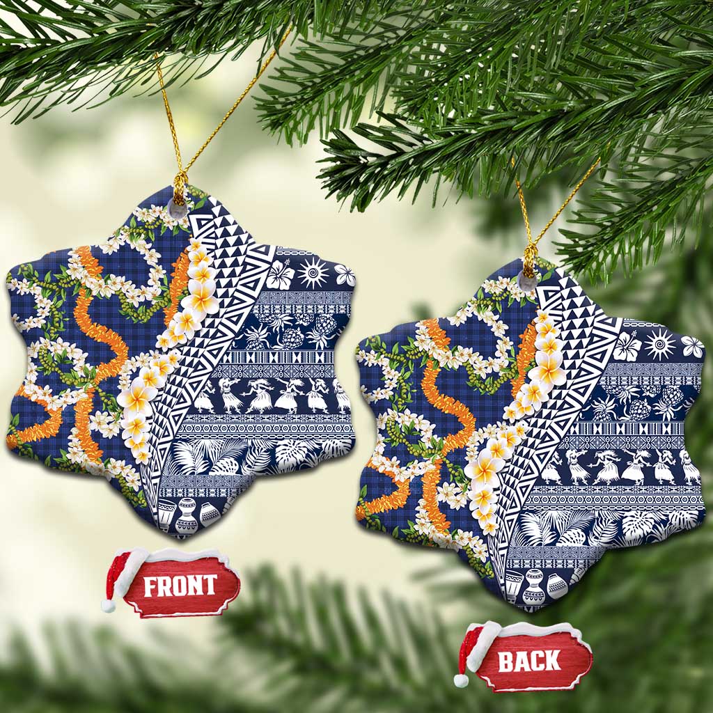Hawaiian Plumeria Lei Ceramic Ornament Kakau Motifs and Palaka Half Style Blue Color - Polynesian Pride