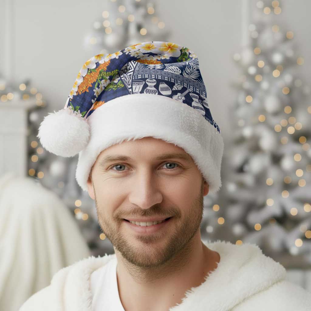 Hawaiian Plumeria Lei Christmas Santa Hat Kakau Motifs and Palaka Half Style Blue Color - Polynesian Pride