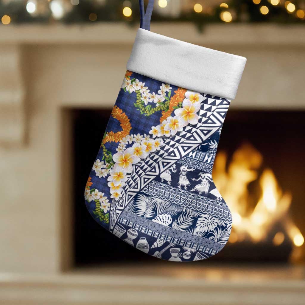 Hawaiian Plumeria Lei Christmas Stocking Kakau Motifs and Palaka Half Style Blue Color - Polynesian Pride