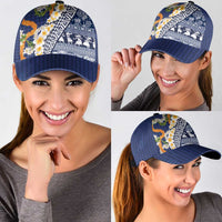 Hawaiian Plumeria Lei Classic Cap Kakau Motifs and Palaka Half Style Blue Color - Polynesian Pride