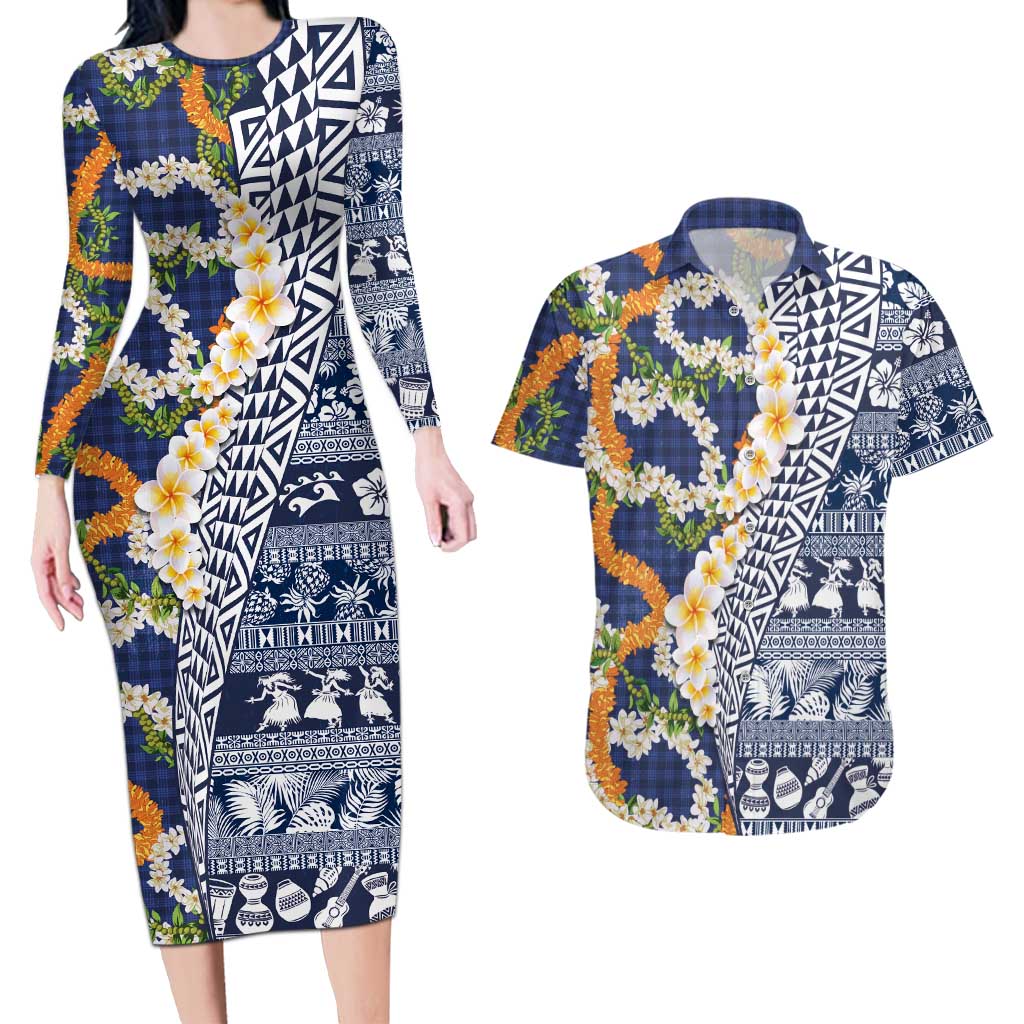 Hawaiian Plumeria Lei Couples Matching Long Sleeve Bodycon Dress and Hawaiian Shirt Kakau Motifs and Palaka Half Style Blue Color - Polynesian Pride