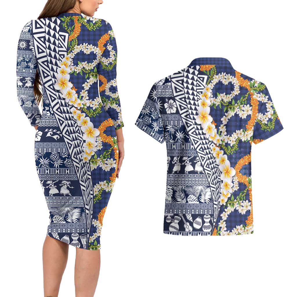 Hawaiian Plumeria Lei Couples Matching Long Sleeve Bodycon Dress and Hawaiian Shirt Kakau Motifs and Palaka Half Style Blue Color - Polynesian Pride