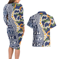 Hawaiian Plumeria Lei Couples Matching Long Sleeve Bodycon Dress and Hawaiian Shirt Kakau Motifs and Palaka Half Style Blue Color - Polynesian Pride
