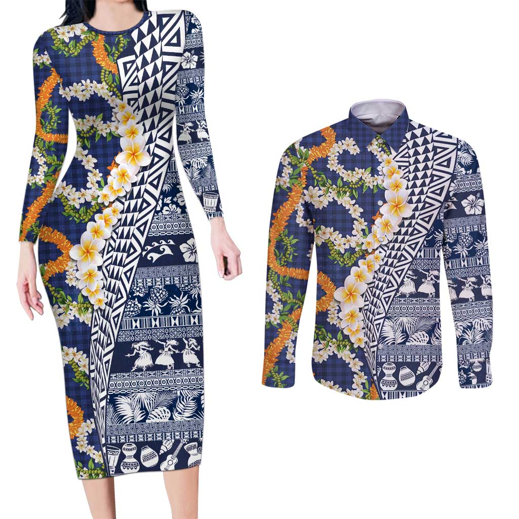 Hawaiian Plumeria Lei Couples Matching Long Sleeve Bodycon Dress and Long Sleeve Button Shirt Kakau Motifs and Palaka Half Style Blue Color LT03 Blue - Polynesian Pride