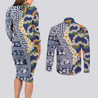 Hawaiian Plumeria Lei Couples Matching Long Sleeve Bodycon Dress and Long Sleeve Button Shirt Kakau Motifs and Palaka Half Style Blue Color LT03 - Polynesian Pride