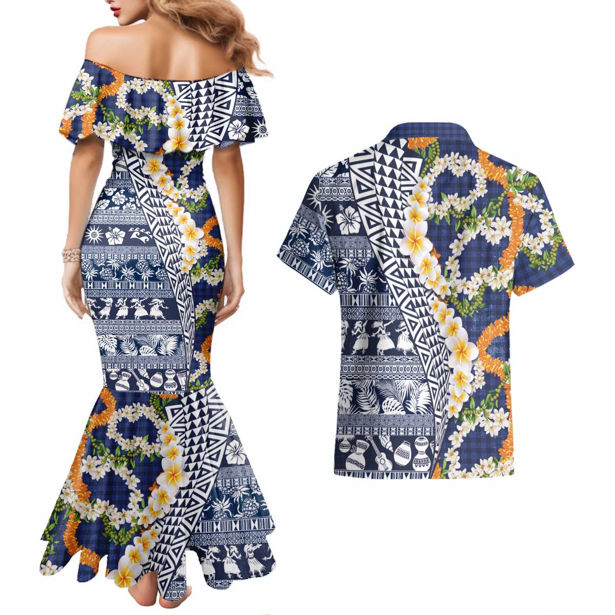 Hawaiian Plumeria Lei Couples Matching Mermaid Dress and Hawaiian Shirt Kakau Motifs and Palaka Half Style Blue Color - Polynesian Pride