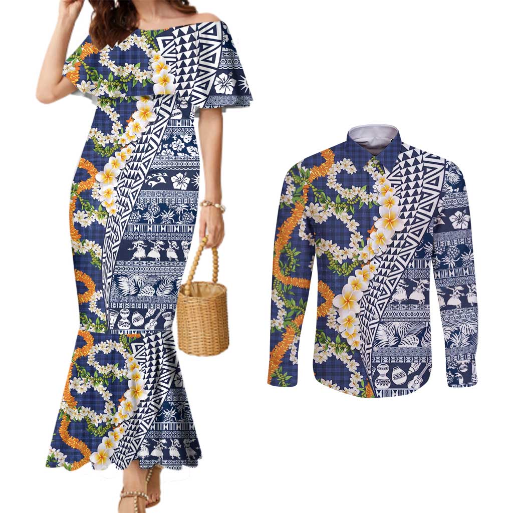 Hawaiian Plumeria Lei Couples Matching Mermaid Dress and Long Sleeve Button Shirt Kakau Motifs and Palaka Half Style Blue Color - Polynesian Pride