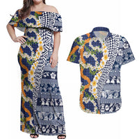 Hawaiian Plumeria Lei Couples Matching Off Shoulder Maxi Dress and Hawaiian Shirt Kakau Motifs and Palaka Half Style Blue Color - Polynesian Pride