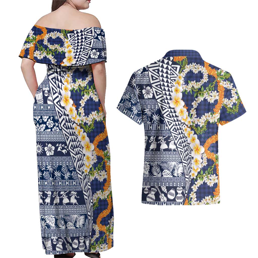 Hawaiian Plumeria Lei Couples Matching Off Shoulder Maxi Dress and Hawaiian Shirt Kakau Motifs and Palaka Half Style Blue Color - Polynesian Pride
