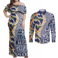 Hawaiian Plumeria Lei Couples Matching Off Shoulder Maxi Dress and Long Sleeve Button Shirt Kakau Motifs and Palaka Half Style Blue Color - Polynesian Pride