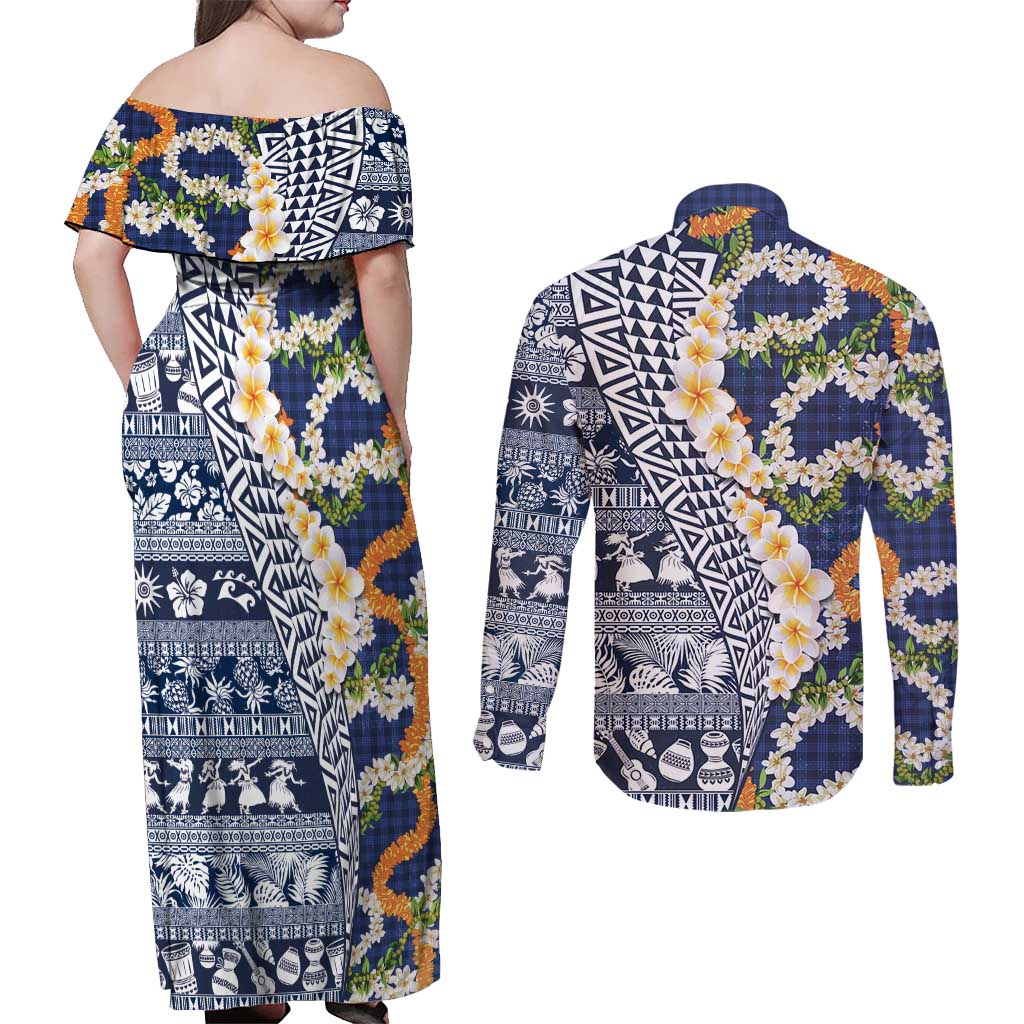 Hawaiian Plumeria Lei Couples Matching Off Shoulder Maxi Dress and Long Sleeve Button Shirt Kakau Motifs and Palaka Half Style Blue Color - Polynesian Pride