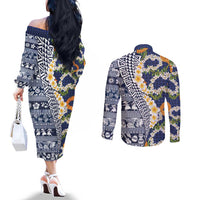 Hawaiian Plumeria Lei Couples Matching Off The Shoulder Long Sleeve Dress and Long Sleeve Button Shirt Kakau Motifs and Palaka Half Style Blue Color - Polynesian Pride