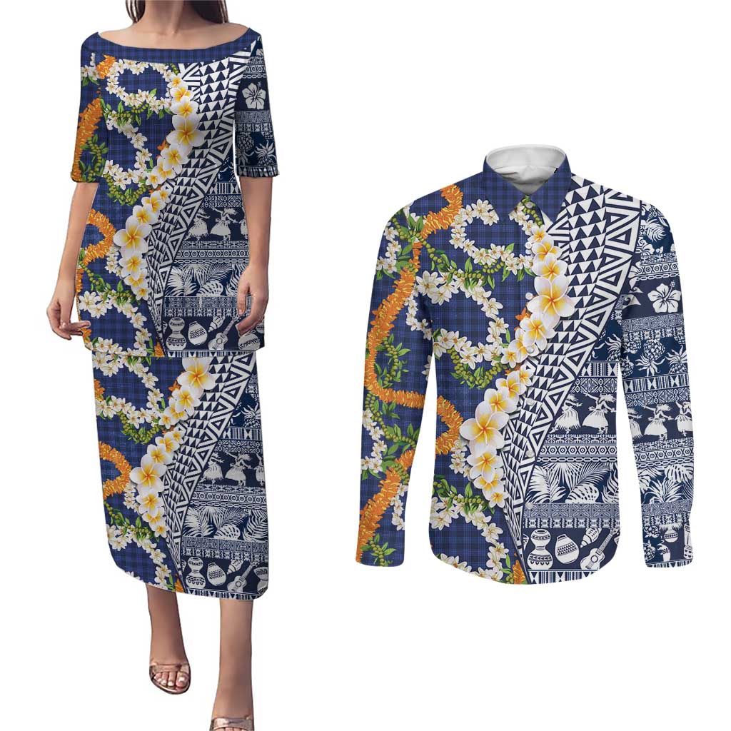 Hawaiian Plumeria Lei Couples Matching Puletasi and Long Sleeve Button Shirt Kakau Motifs and Palaka Half Style Blue Color - Polynesian Pride