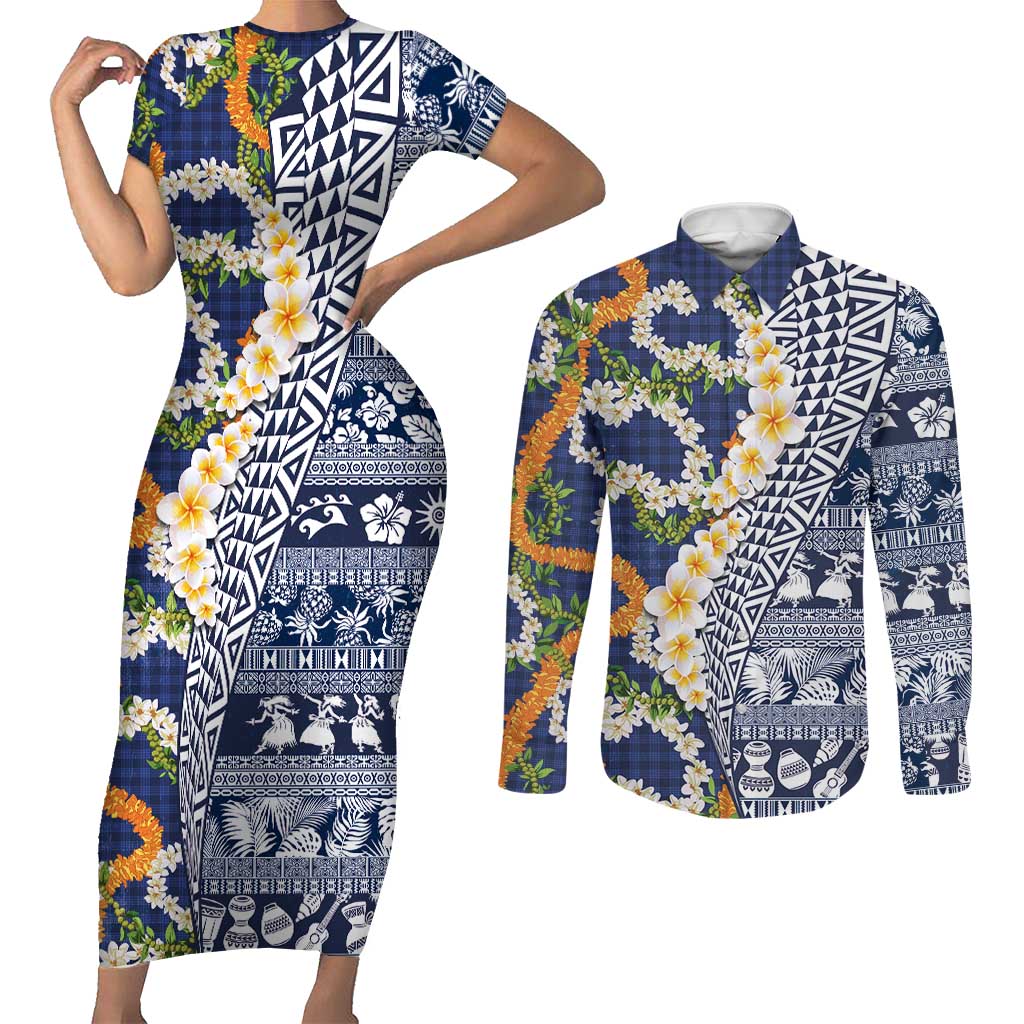 Hawaiian Plumeria Lei Couples Matching Short Sleeve Bodycon Dress and Long Sleeve Button Shirt Kakau Motifs and Palaka Half Style Blue Color LT03 Blue - Polynesian Pride