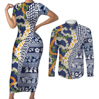 Hawaiian Plumeria Lei Couples Matching Short Sleeve Bodycon Dress and Long Sleeve Button Shirt Kakau Motifs and Palaka Half Style Blue Color LT03 Blue - Polynesian Pride