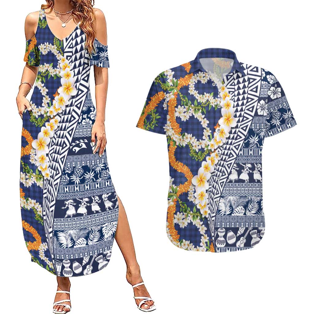 Hawaiian Plumeria Lei Couples Matching Summer Maxi Dress and Hawaiian Shirt Kakau Motifs and Palaka Half Style Blue Color - Polynesian Pride