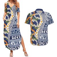 Hawaiian Plumeria Lei Couples Matching Summer Maxi Dress and Hawaiian Shirt Kakau Motifs and Palaka Half Style Blue Color - Polynesian Pride