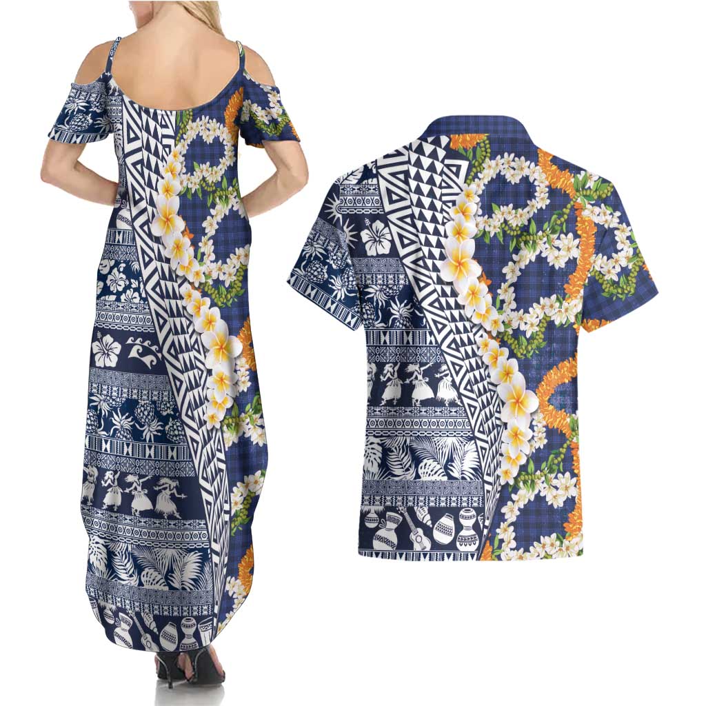 Hawaiian Plumeria Lei Couples Matching Summer Maxi Dress and Hawaiian Shirt Kakau Motifs and Palaka Half Style Blue Color - Polynesian Pride