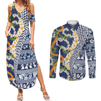 Hawaiian Plumeria Lei Couples Matching Summer Maxi Dress and Long Sleeve Button Shirt Kakau Motifs and Palaka Half Style Blue Color LT03 Blue - Polynesian Pride