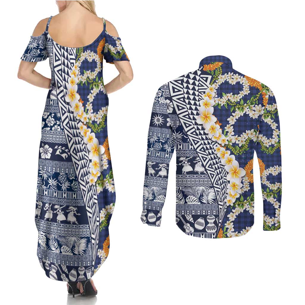Hawaiian Plumeria Lei Couples Matching Summer Maxi Dress and Long Sleeve Button Shirt Kakau Motifs and Palaka Half Style Blue Color LT03 - Polynesian Pride