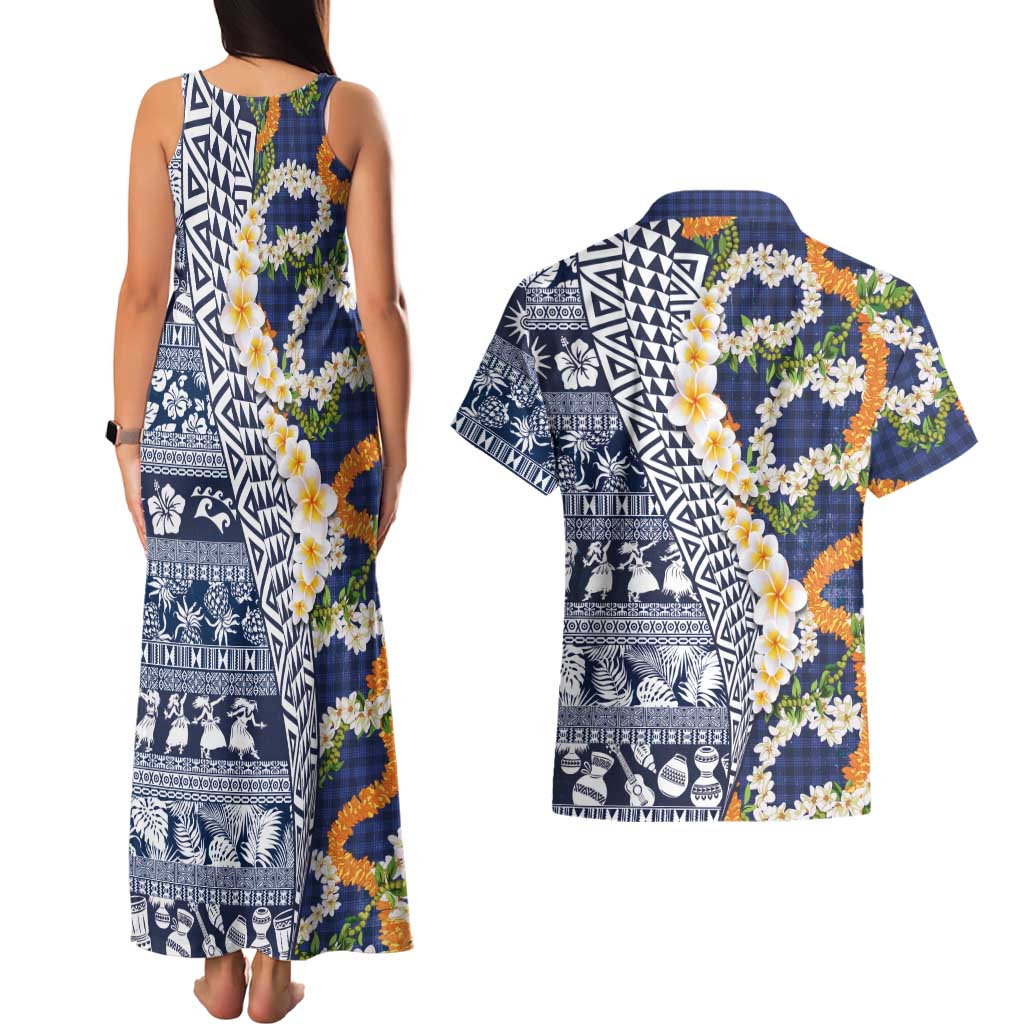 Hawaiian Plumeria Lei Couples Matching Tank Maxi Dress and Hawaiian Shirt Kakau Motifs and Palaka Half Style Blue Color - Polynesian Pride
