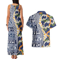 Hawaiian Plumeria Lei Couples Matching Tank Maxi Dress and Hawaiian Shirt Kakau Motifs and Palaka Half Style Blue Color - Polynesian Pride