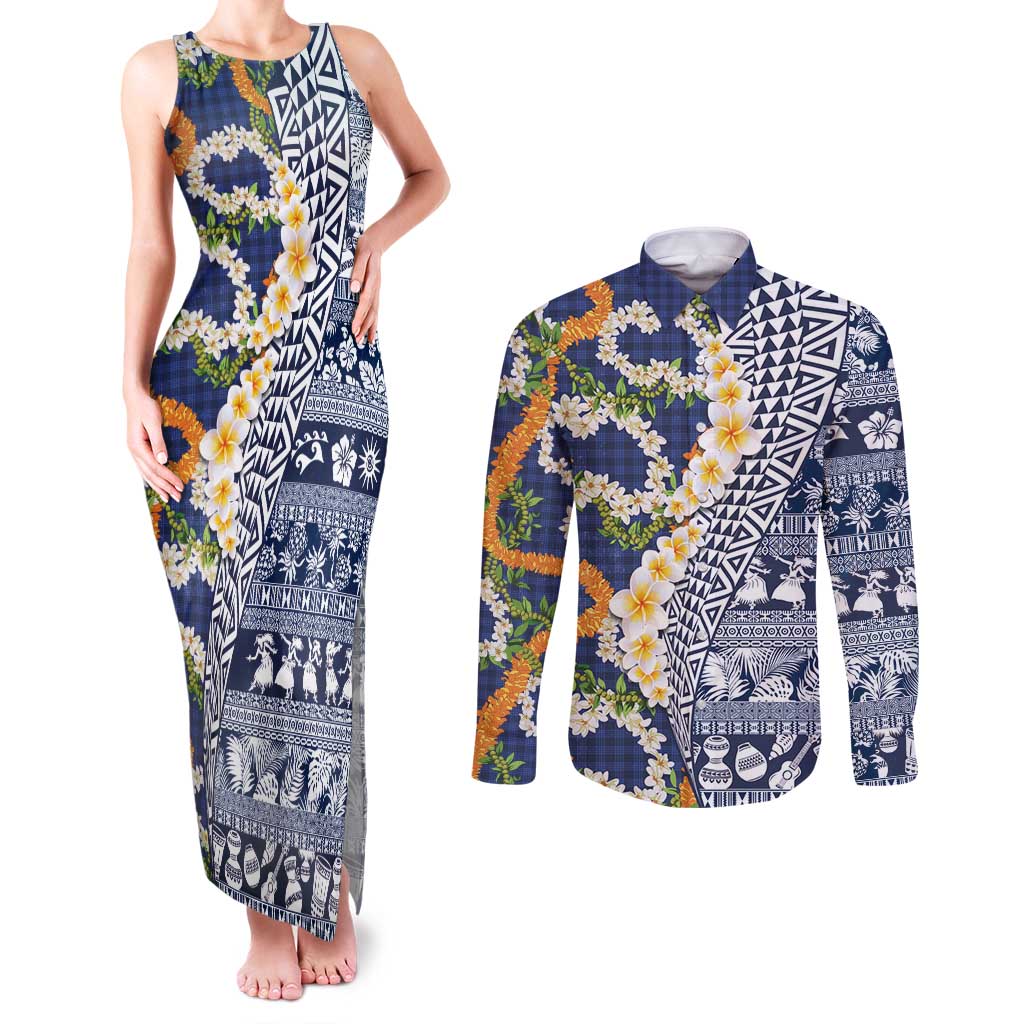 Hawaiian Plumeria Lei Couples Matching Tank Maxi Dress and Long Sleeve Button Shirt Kakau Motifs and Palaka Half Style Blue Color - Polynesian Pride