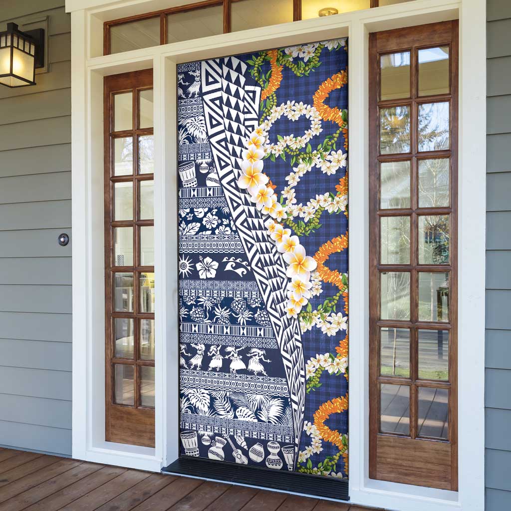 Hawaiian Plumeria Lei Door Cover Kakau Motifs and Palaka Half Style Blue Color LT03 - Polynesian Pride