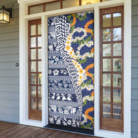 Hawaiian Plumeria Lei Door Cover Kakau Motifs and Palaka Half Style Blue Color LT03 - Polynesian Pride