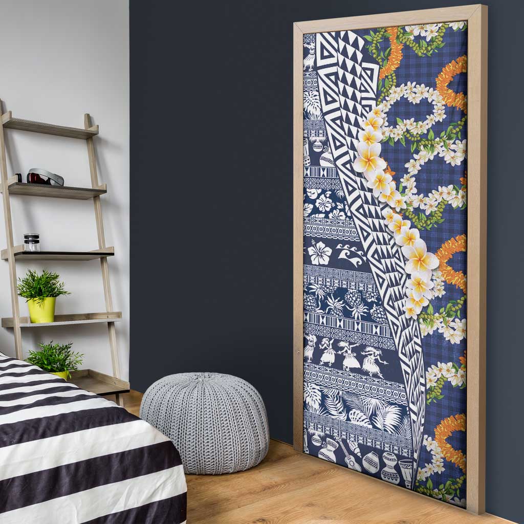 Hawaiian Plumeria Lei Door Cover Kakau Motifs and Palaka Half Style Blue Color LT03 - Polynesian Pride