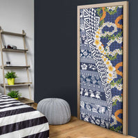 Hawaiian Plumeria Lei Door Cover Kakau Motifs and Palaka Half Style Blue Color LT03 - Polynesian Pride