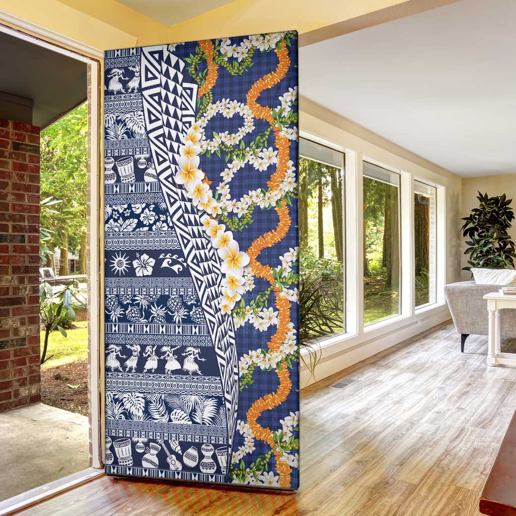 Hawaiian Plumeria Lei Door Cover Kakau Motifs and Palaka Half Style Blue Color LT03 - Polynesian Pride