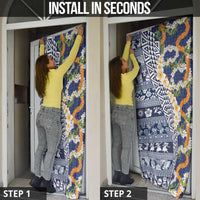 Hawaiian Plumeria Lei Door Cover Kakau Motifs and Palaka Half Style Blue Color LT03 - Polynesian Pride