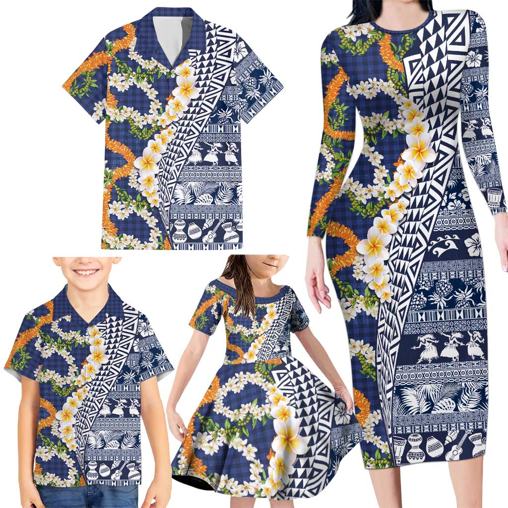 Hawaiian Plumeria Lei Family Matching Long Sleeve Bodycon Dress and Hawaiian Shirt Kakau Motifs and Palaka Half Style Blue Color - Polynesian Pride