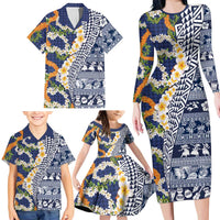 Hawaiian Plumeria Lei Family Matching Long Sleeve Bodycon Dress and Hawaiian Shirt Kakau Motifs and Palaka Half Style Blue Color - Polynesian Pride