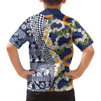 Hawaiian Plumeria Lei Family Matching Mermaid Dress and Hawaiian Shirt Kakau Motifs and Palaka Half Style Blue Color LT03 - Polynesian Pride