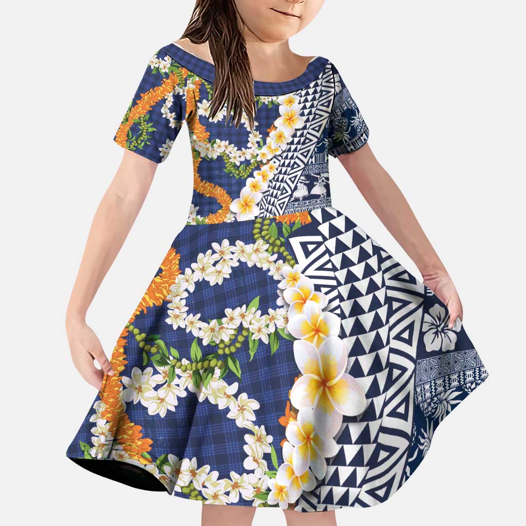 Hawaiian Plumeria Lei Family Matching Mermaid Dress and Hawaiian Shirt Kakau Motifs and Palaka Half Style Blue Color LT03 Daughter's Dress Blue - Polynesian Pride